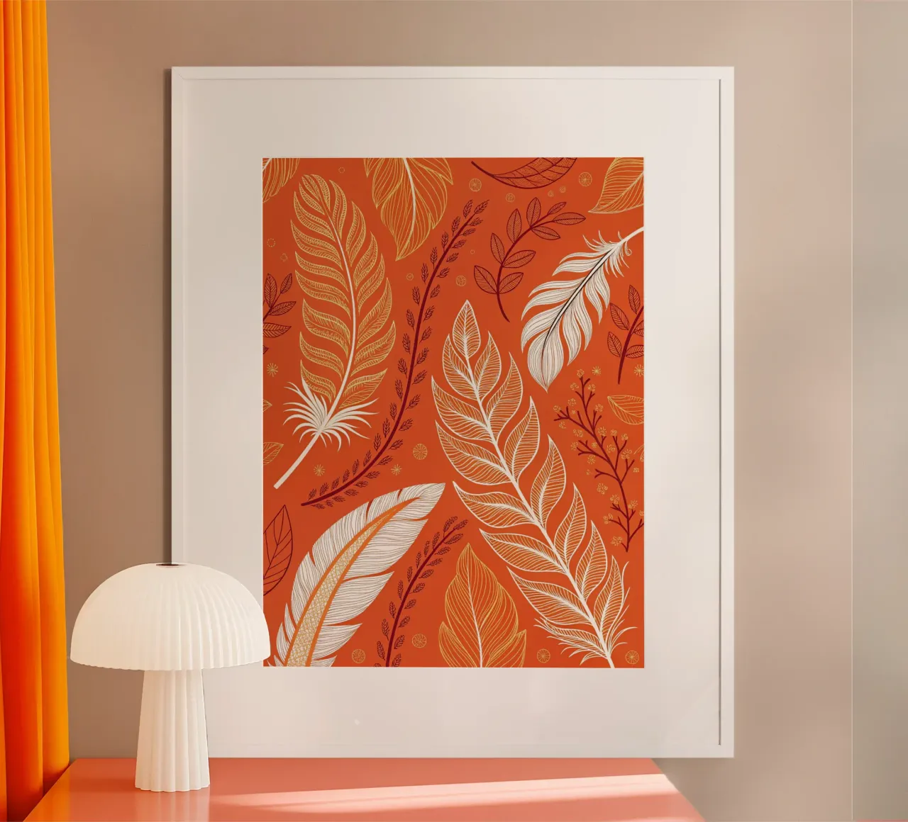 Motivo autunnale bohémien di piume e foglie - Arancione bruciato, Saf poster da Artistic-shop
