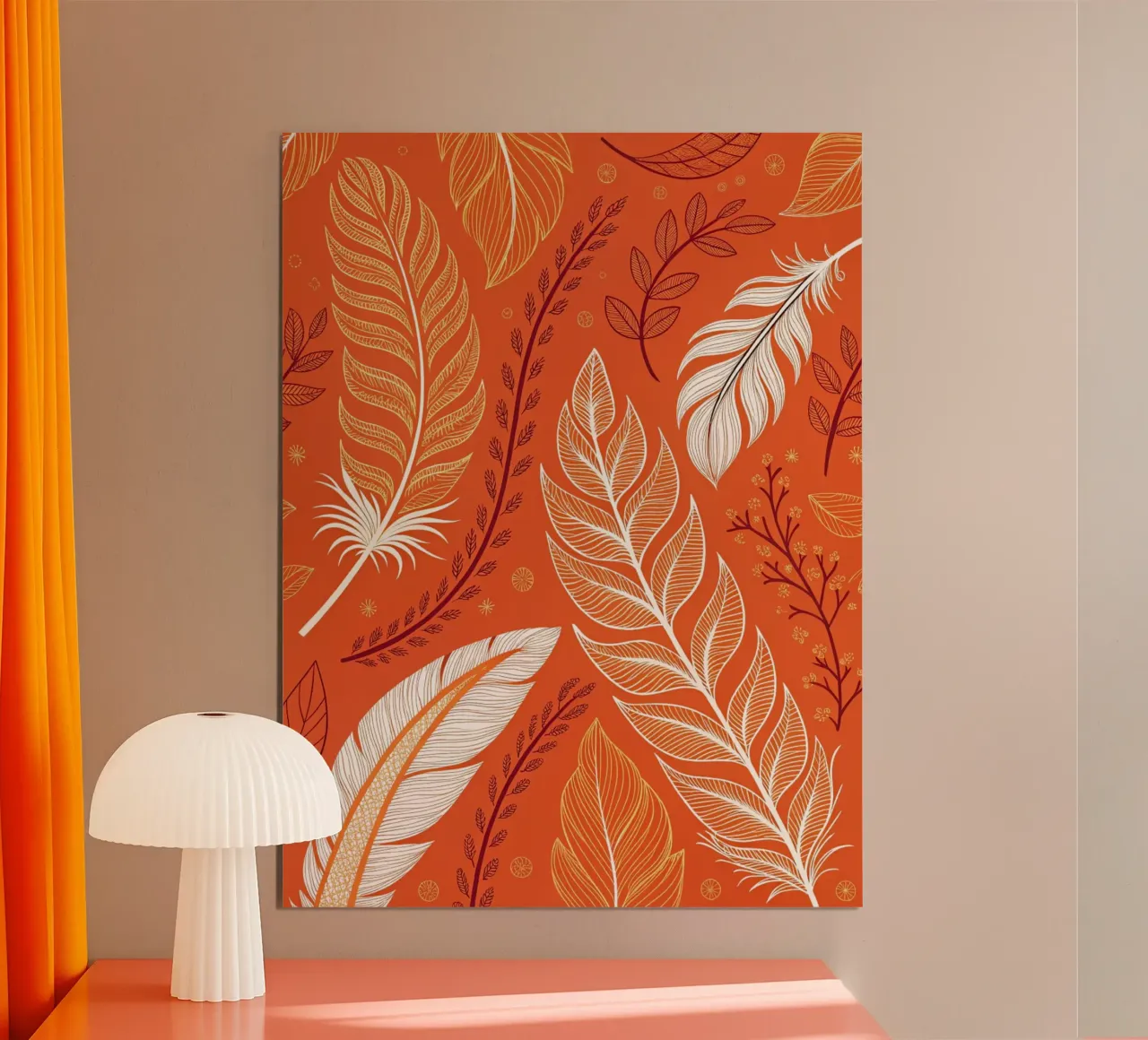 Motivo autunnale bohémien di piume e foglie - Arancione bruciato, Saf poster da Artistic-shop