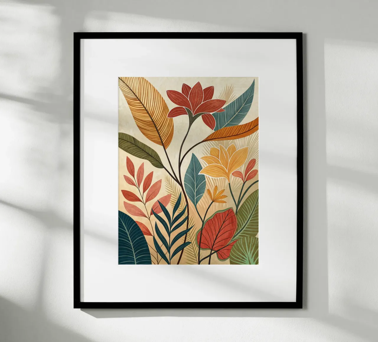 Serenità tropicale: Giardino botanico floreale disegnato a mano Pr poster con telaio in legno da Artistic-shop
