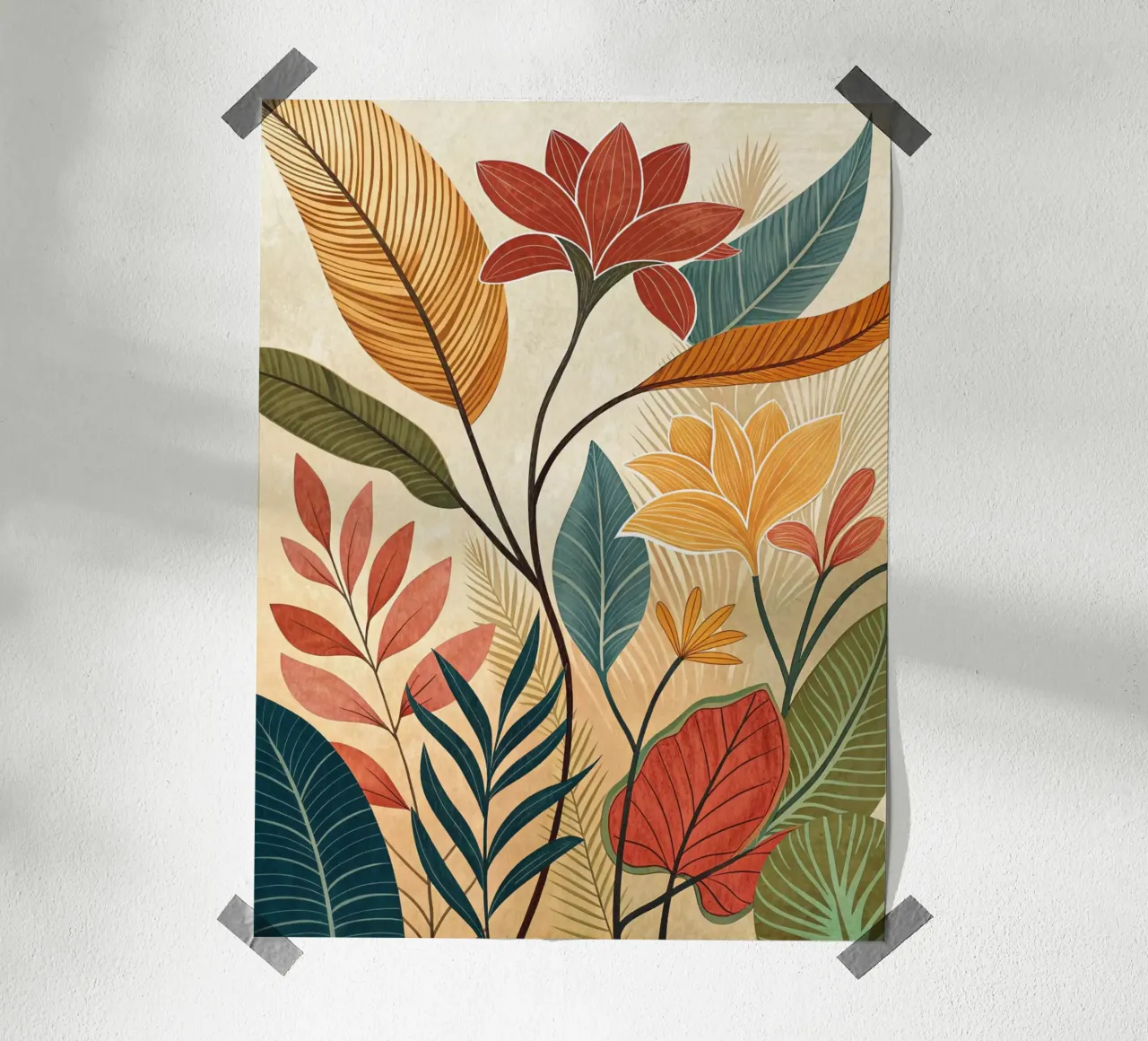 Serenità tropicale: Giardino botanico floreale disegnato a mano Pr poster con telaio in legno da Artistic-shop