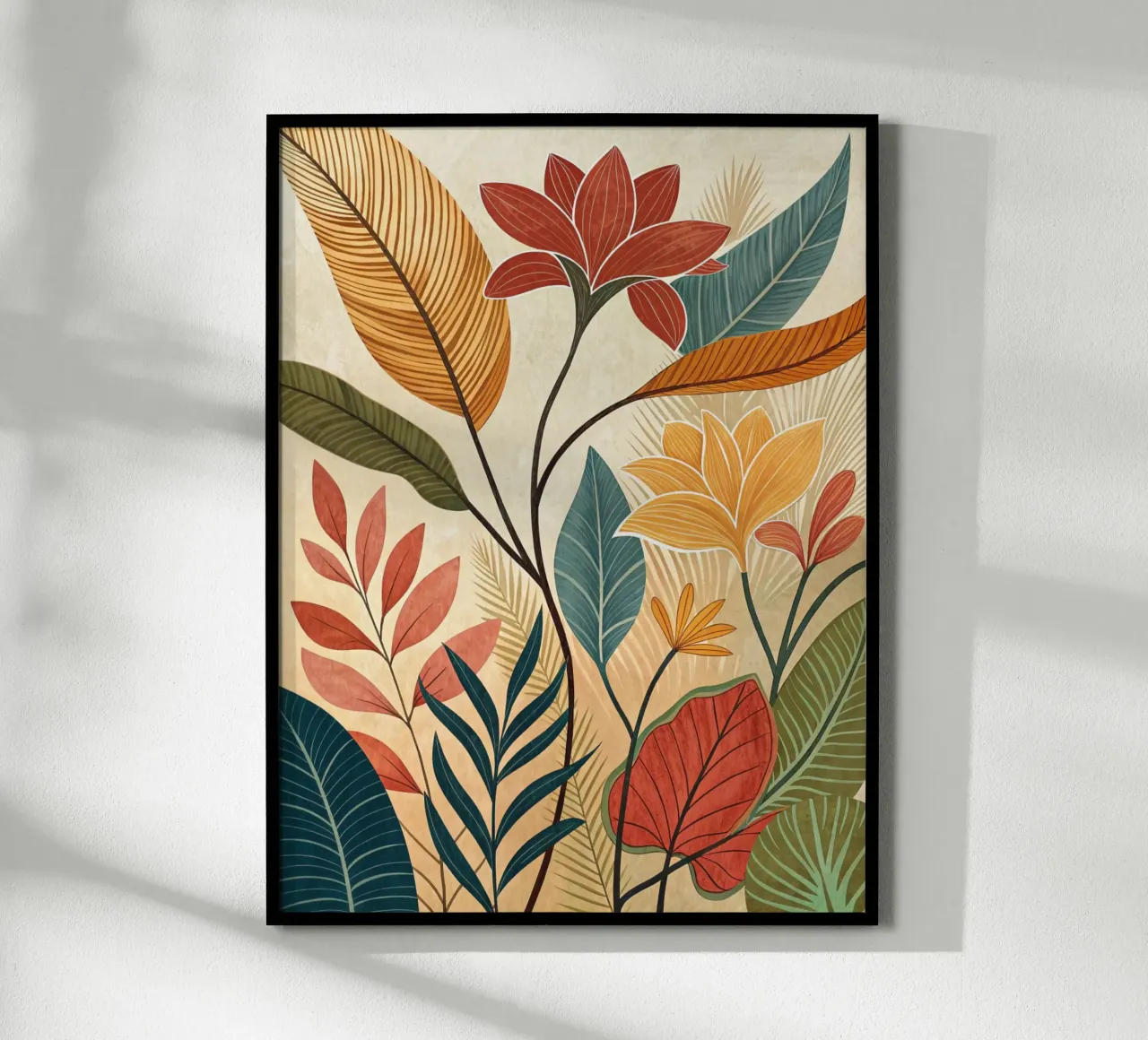 Serenità tropicale: Giardino botanico floreale disegnato a mano Pr poster con telaio in legno da Artistic-shop