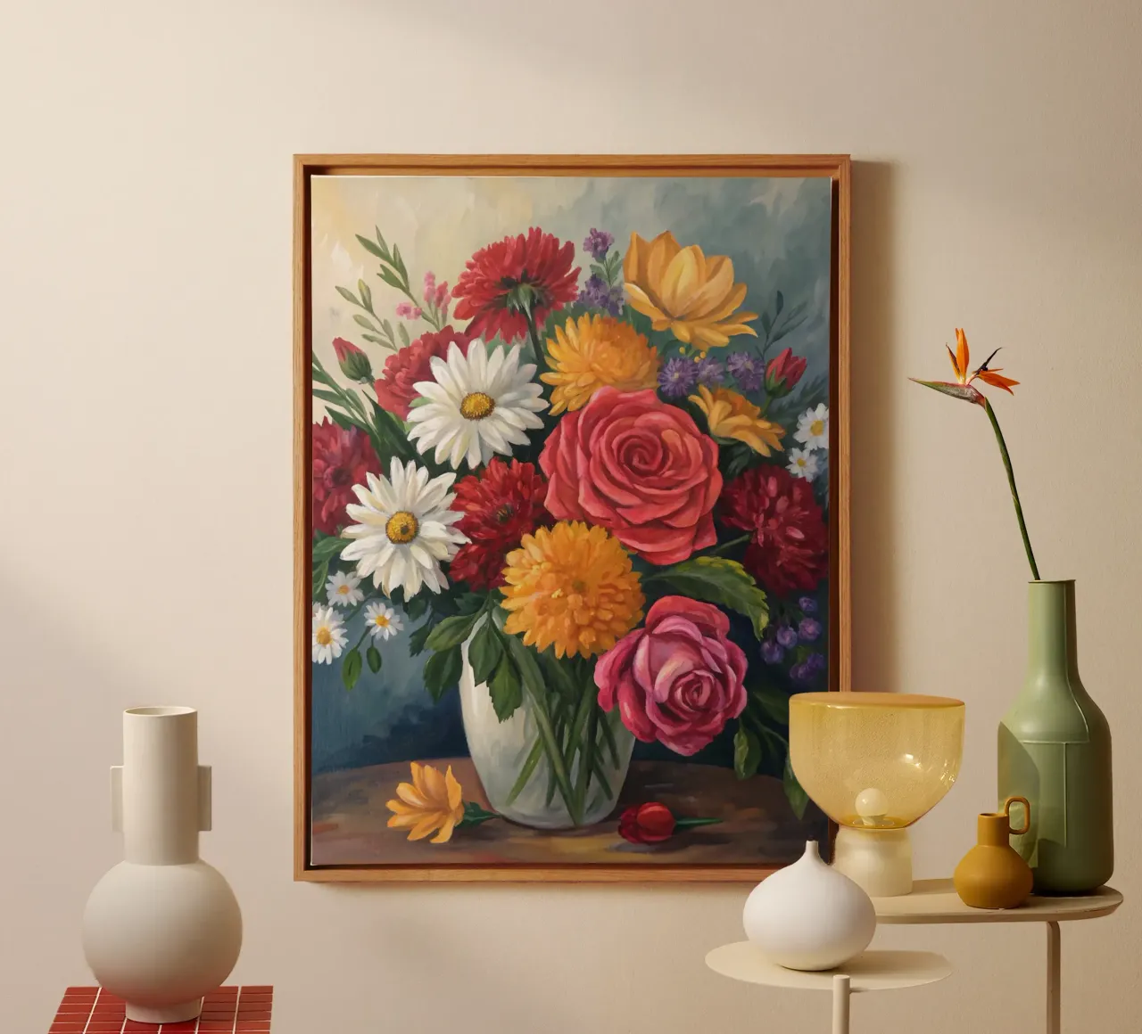 Een symfonie van bloemen: Een levendige bloemenmedley in een glazen vaas canvas met Baklijst van Artistic-shop