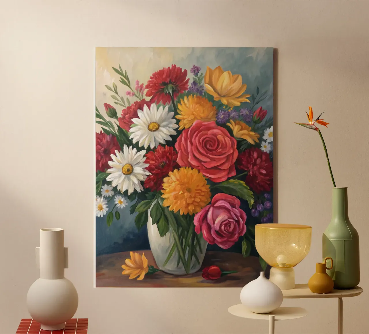 Een symfonie van bloemen: Een levendige bloemenmedley in een glazen vaas canvas met Baklijst van Artistic-shop