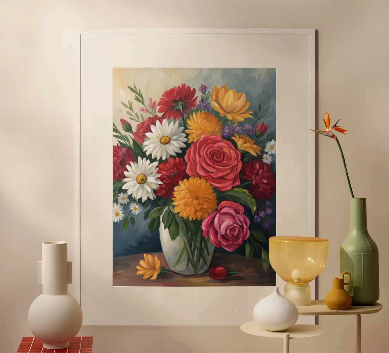 Una sinfonia di fiori: Un vibrante medley floreale in un vaso di vetro poster con telaio in plastica da Artistic-shop