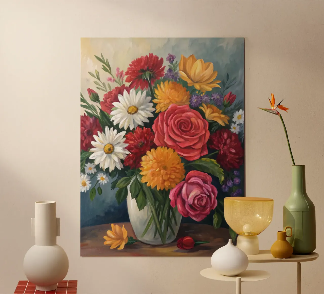 Una sinfonia di fiori: Un vibrante medley floreale in un vaso di vetro poster con telaio in plastica da Artistic-shop