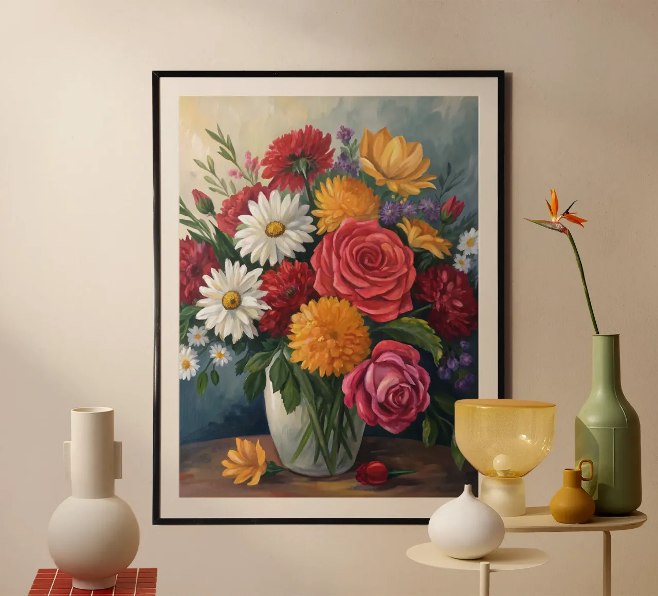 Una sinfonia di fiori: Un vibrante medley floreale in un vaso di vetro poster con telaio in plastica da Artistic-shop