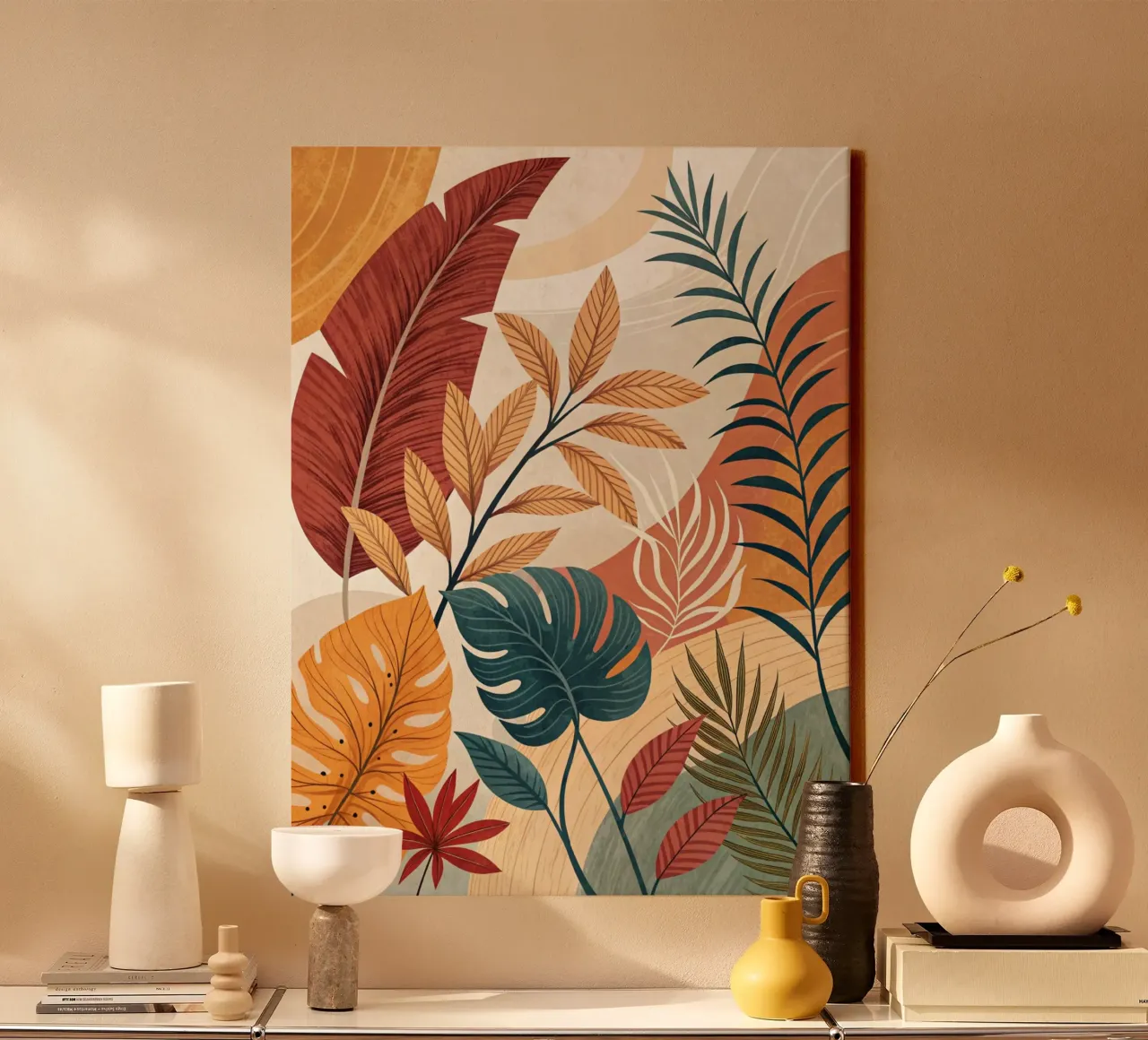 Tropical Foliage and Abstract Shapes canvas with Floater frame by Artistic-shop