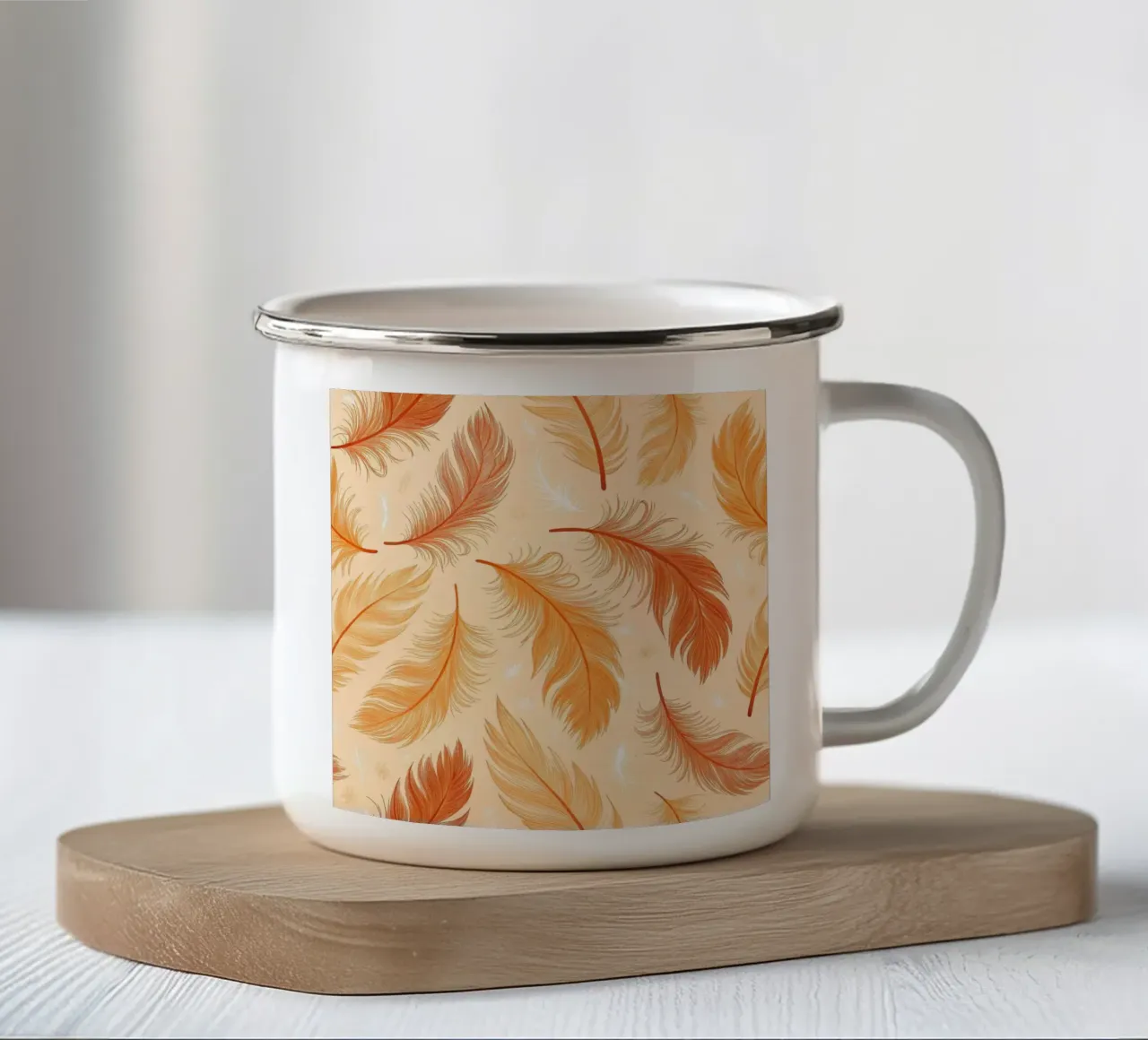Falling Feathers: A Rustic, Seamless Pattern of Autumnal Hue enamel mug by Artistic-shop