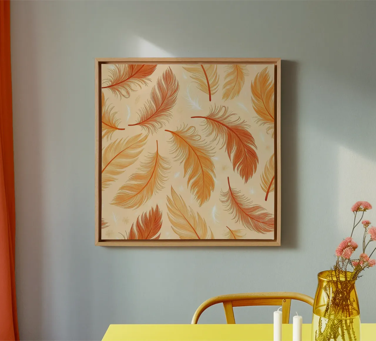 Piume che cadono: Un motivo rustico e senza cuciture di tonalità autunnale tela con Cornice a cassetta da Artistic-shop