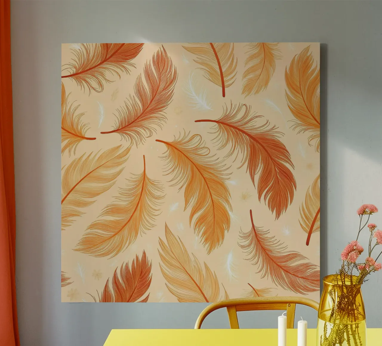 Piume che cadono: Un motivo rustico e senza cuciture di tonalità autunnale tela con Cornice a cassetta da Artistic-shop