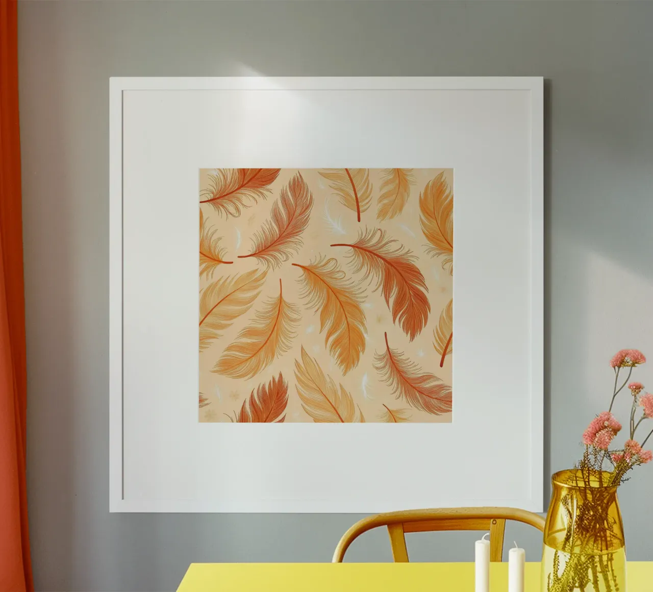 Piume che cadono: Un motivo rustico e senza cuciture di tonalità autunnale poster con telaio in alluminio da Artistic-shop