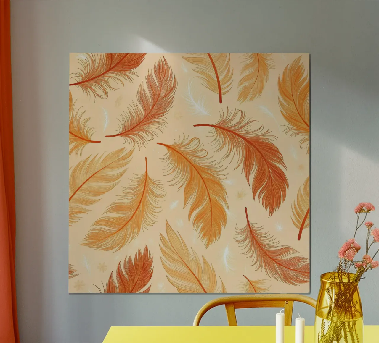 Piume che cadono: Un motivo rustico e senza cuciture di tonalità autunnale poster con telaio in alluminio da Artistic-shop