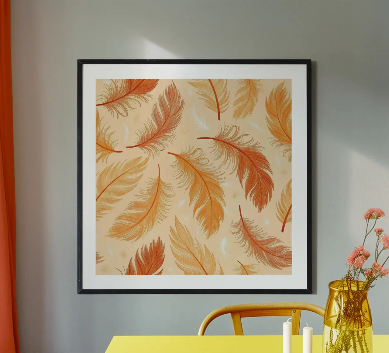 Piume che cadono: Un motivo rustico e senza cuciture di tonalità autunnale poster con telaio in alluminio da Artistic-shop