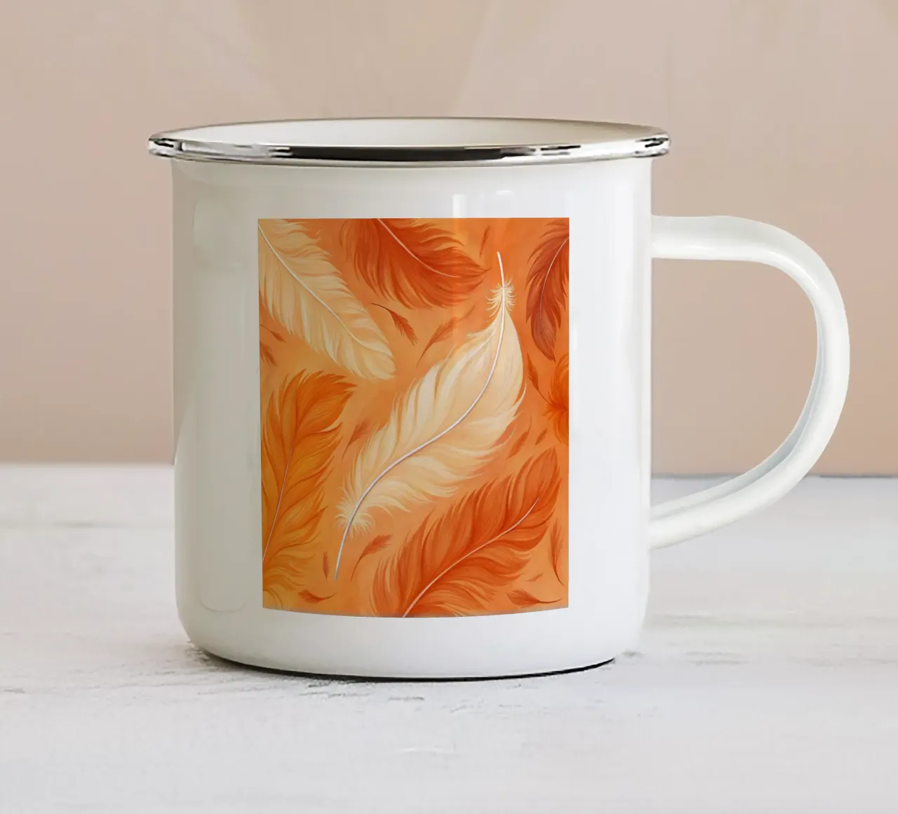 Volo d'autunno etereo: Una sinfonia di piume in un ambiente baciato dal sole tazza in smalto da Artistic-shop