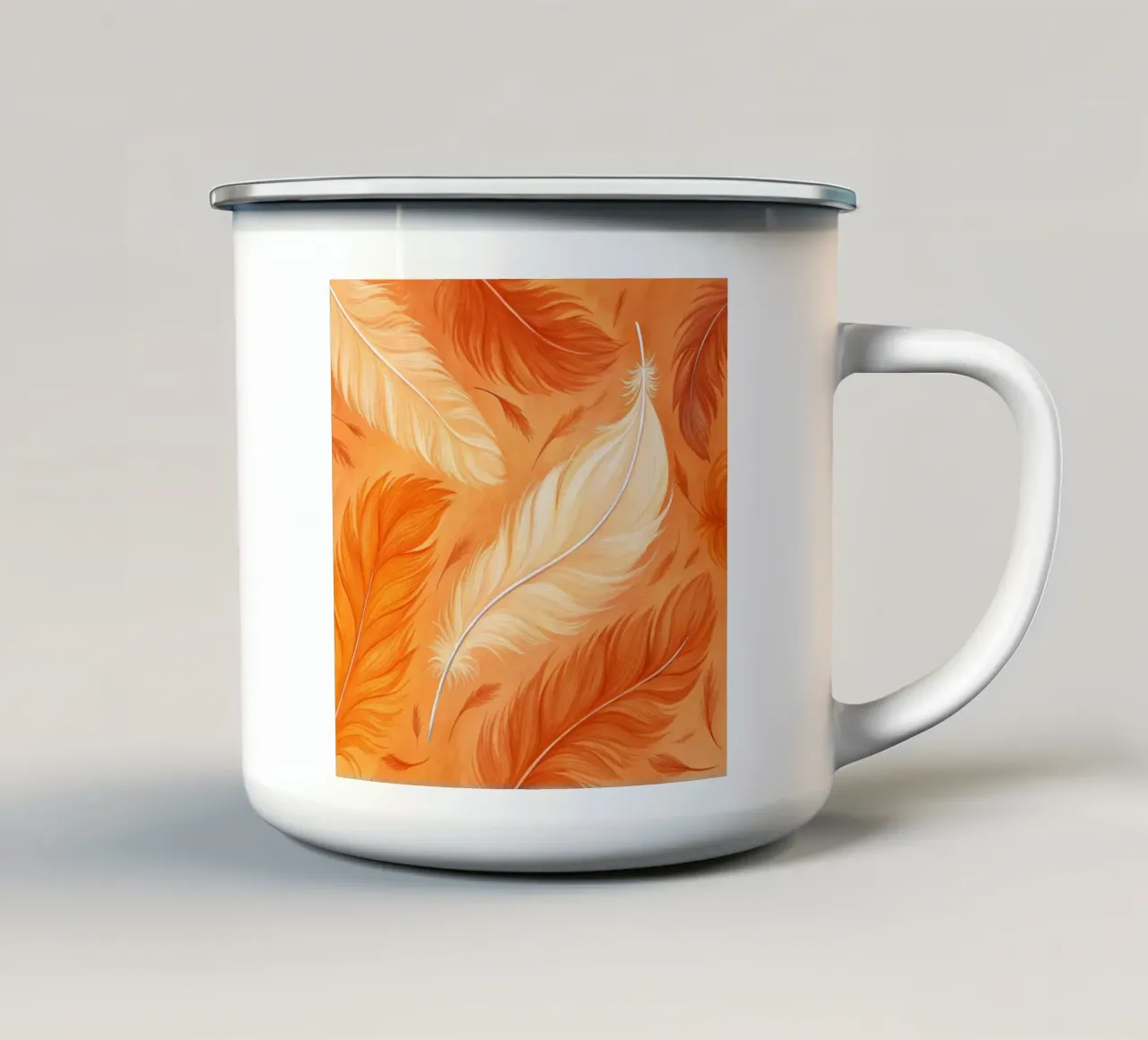 Volo d'autunno etereo: Una sinfonia di piume in un ambiente baciato dal sole tazza in smalto da Artistic-shop