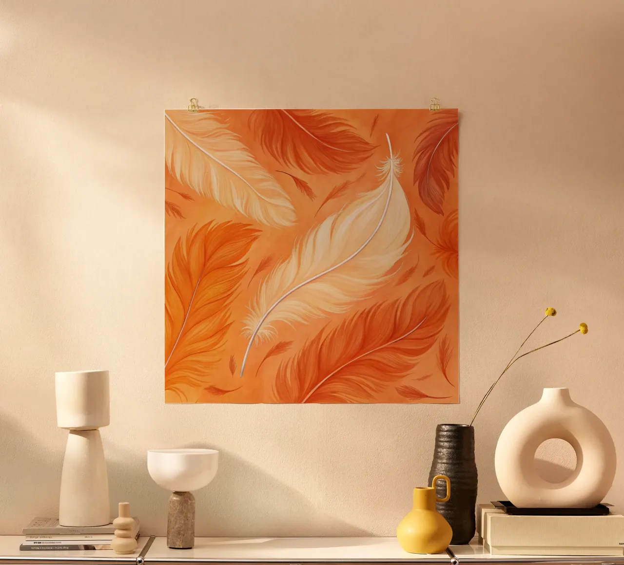 Vol d'automne éthéré : Une symphonie de plumes dans un décor ensoleillé poster de Artistic-shop