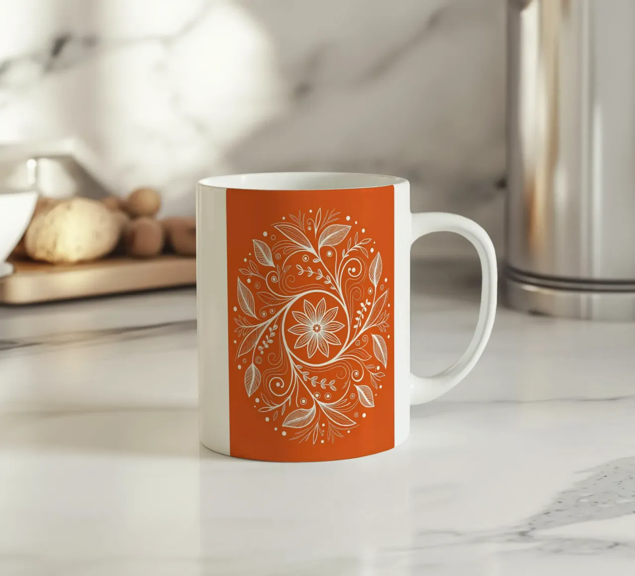 Handgezeichnetes florales Mandala Kunstdruck: Verschlungene weiße Botanik Keramik Tasse von Artistic-shop
