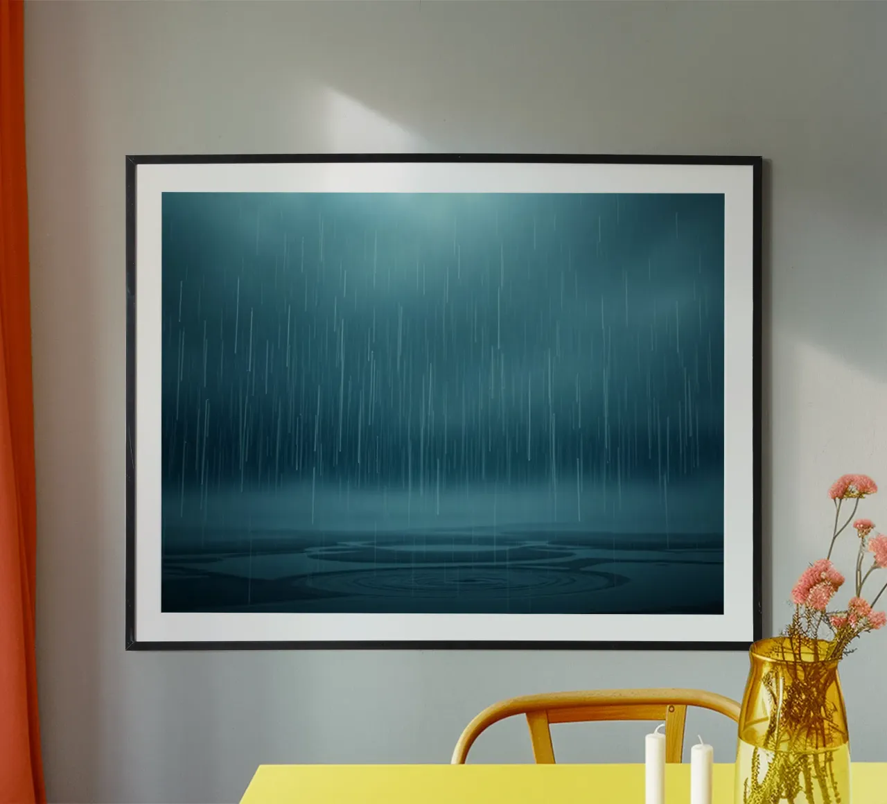 La cascade du dévoilement : Une pluie lumineuse de sérénité azurée poster avec cadre en bois de Artistic-shop