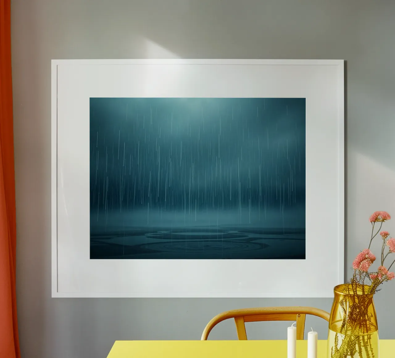 La cascade du dévoilement : Une pluie lumineuse de sérénité azurée poster avec cadre en bois de Artistic-shop
