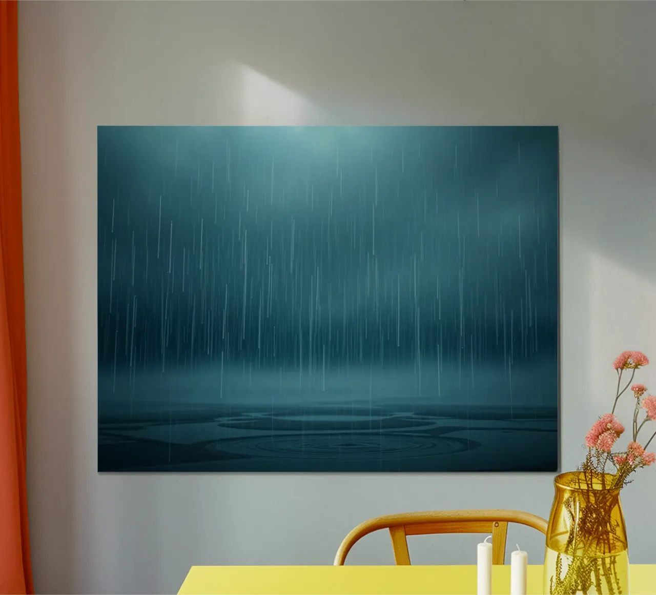 La cascade du dévoilement : Une pluie lumineuse de sérénité azurée poster avec cadre en bois de Artistic-shop