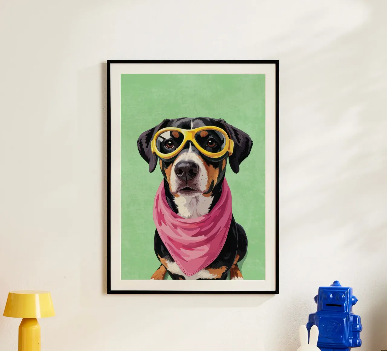 Cool Dachshund with Bandana poster con telaio in legno da Attaboy Dsgn
