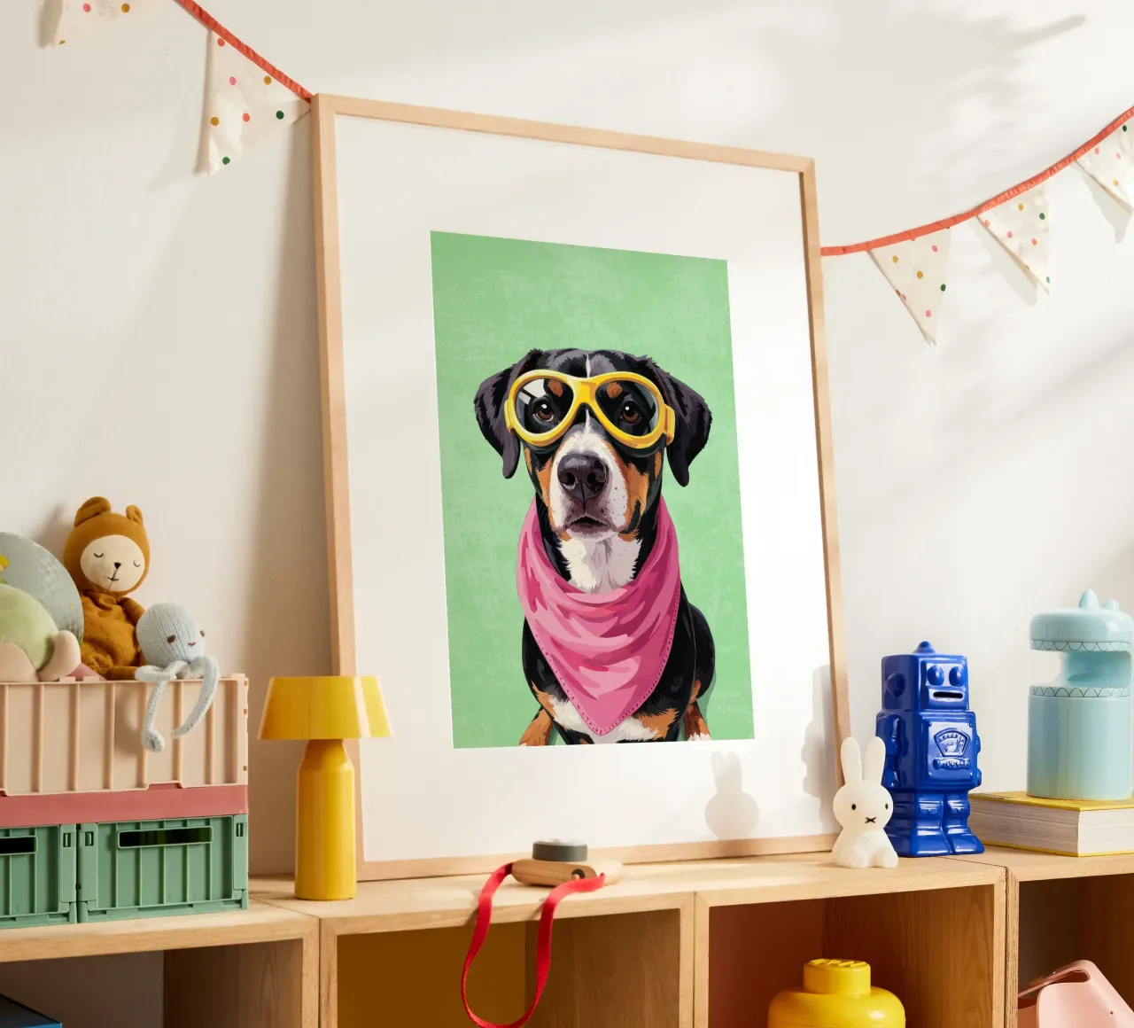 Cool Dachshund with Bandana poster con telaio in legno da Attaboy Dsgn