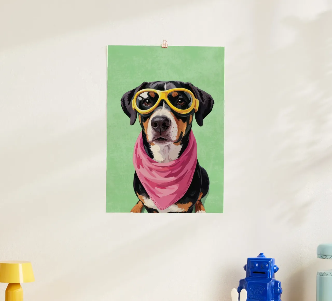 Cool Dachshund with Bandana poster con telaio in legno da Attaboy Dsgn