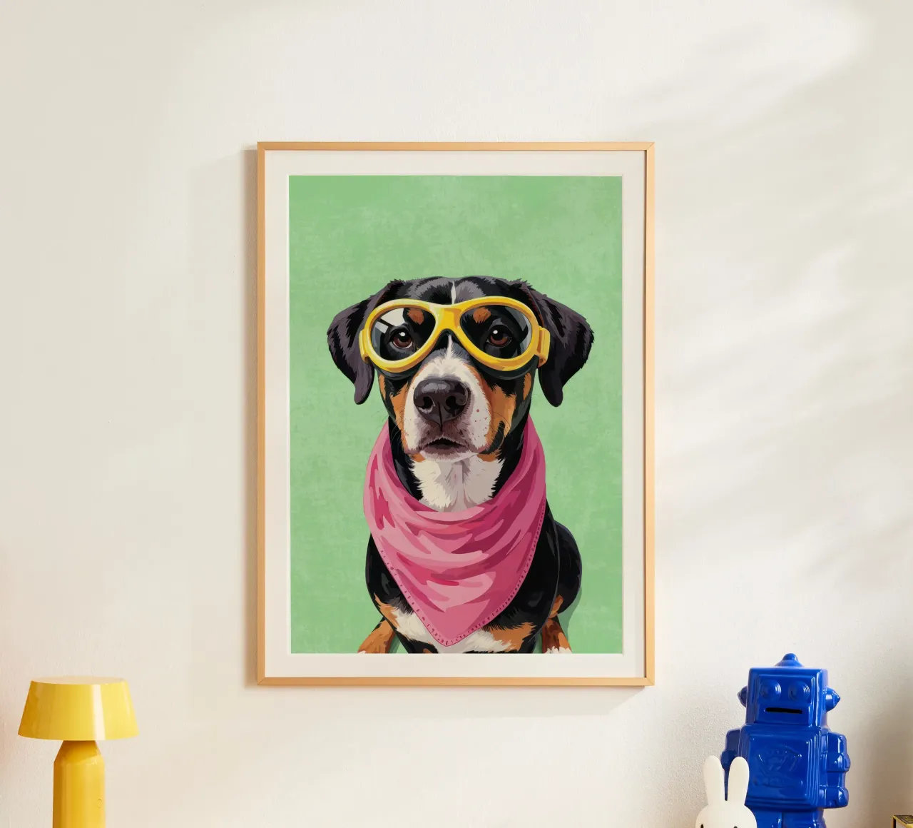 Cool Dachshund with Bandana poster con telaio in legno da Attaboy Dsgn