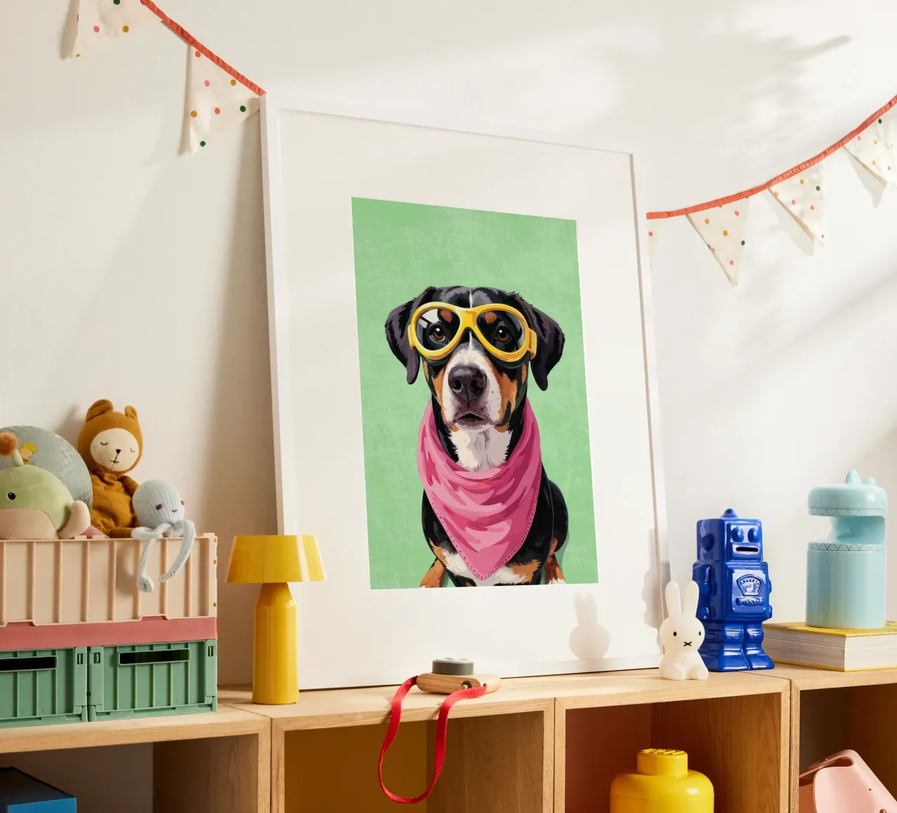 Cool Dachshund with Bandana poster con telaio in legno da Attaboy Dsgn