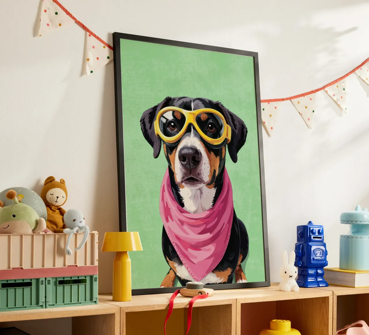 Cool Dachshund with Bandana poster con telaio in legno da Attaboy Dsgn