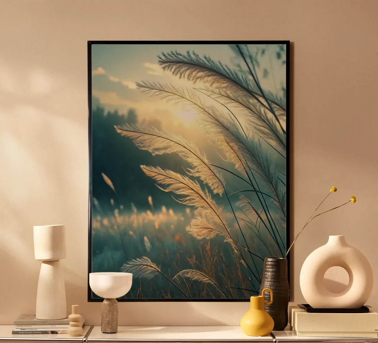 Un tramonto da sogno in un campo di erba della pampa poster da Artistic-shop