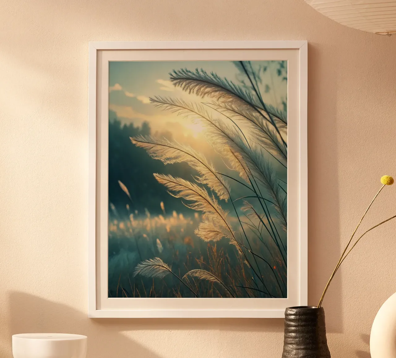 Un tramonto da sogno in un campo di erba della pampa poster da Artistic-shop