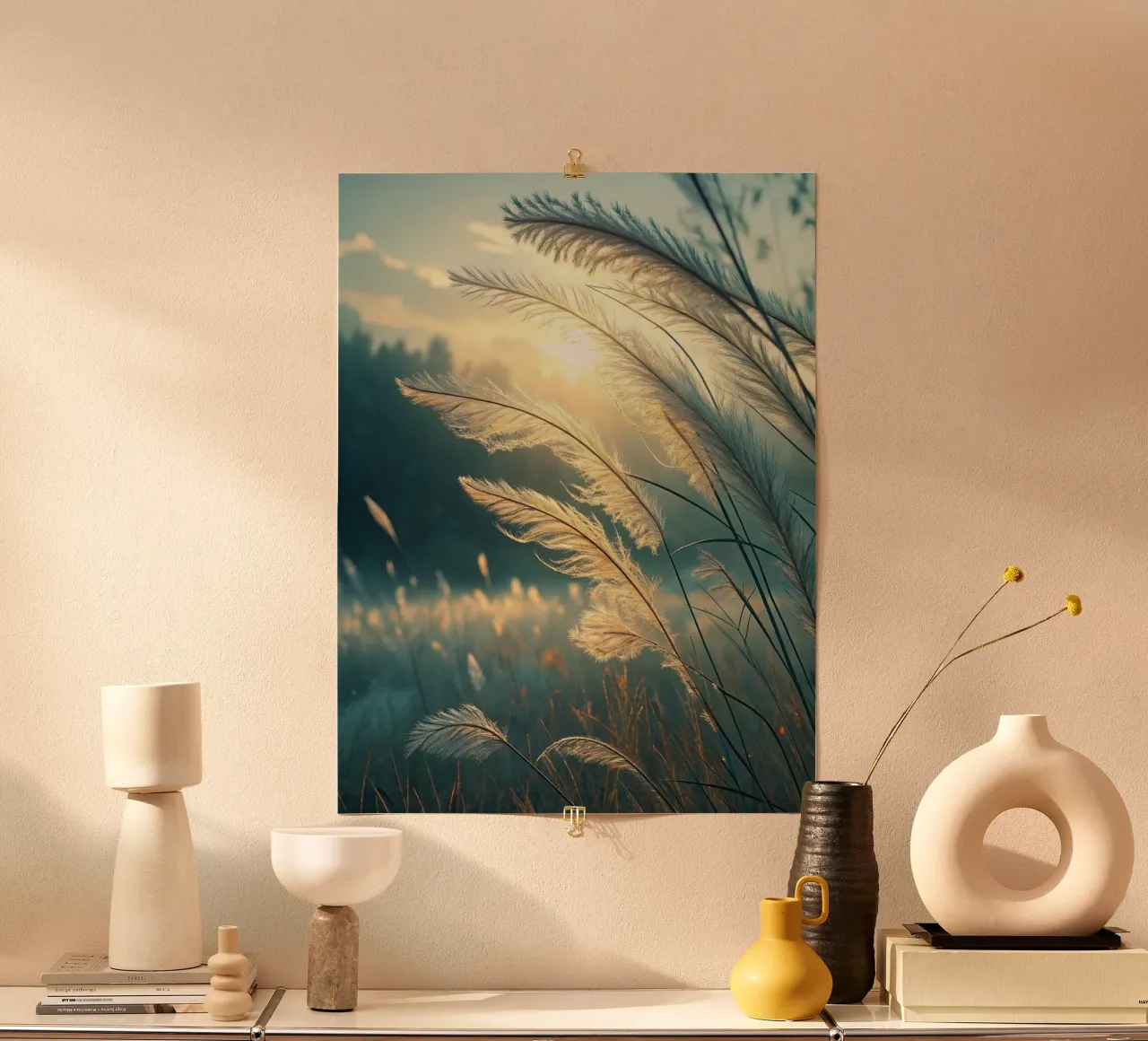 Un tramonto da sogno in un campo di erba della pampa poster da Artistic-shop