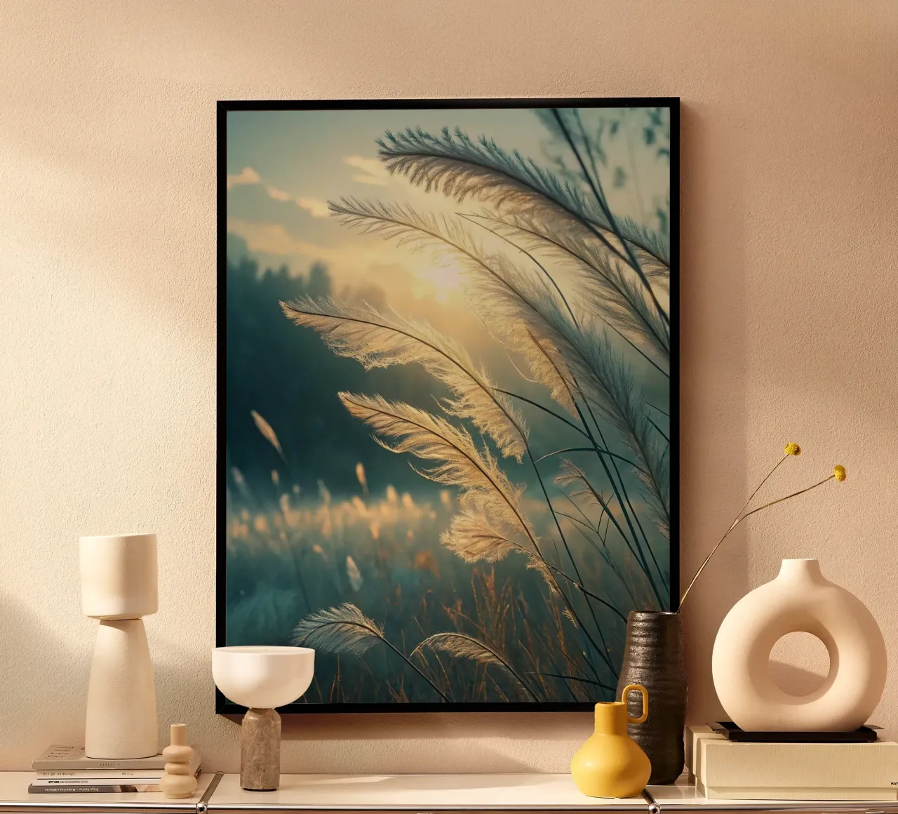 Un tramonto da sogno in un campo di erba della pampa poster da Artistic-shop