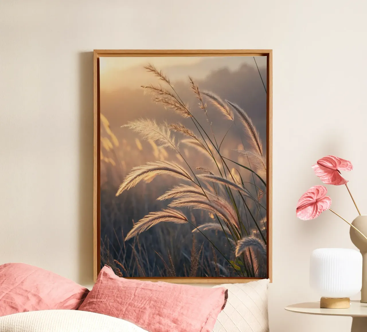 Gouden Uur Grasvelden: Een sereen natuurlandschap met Sof canvas met Baklijst van Artistic-shop