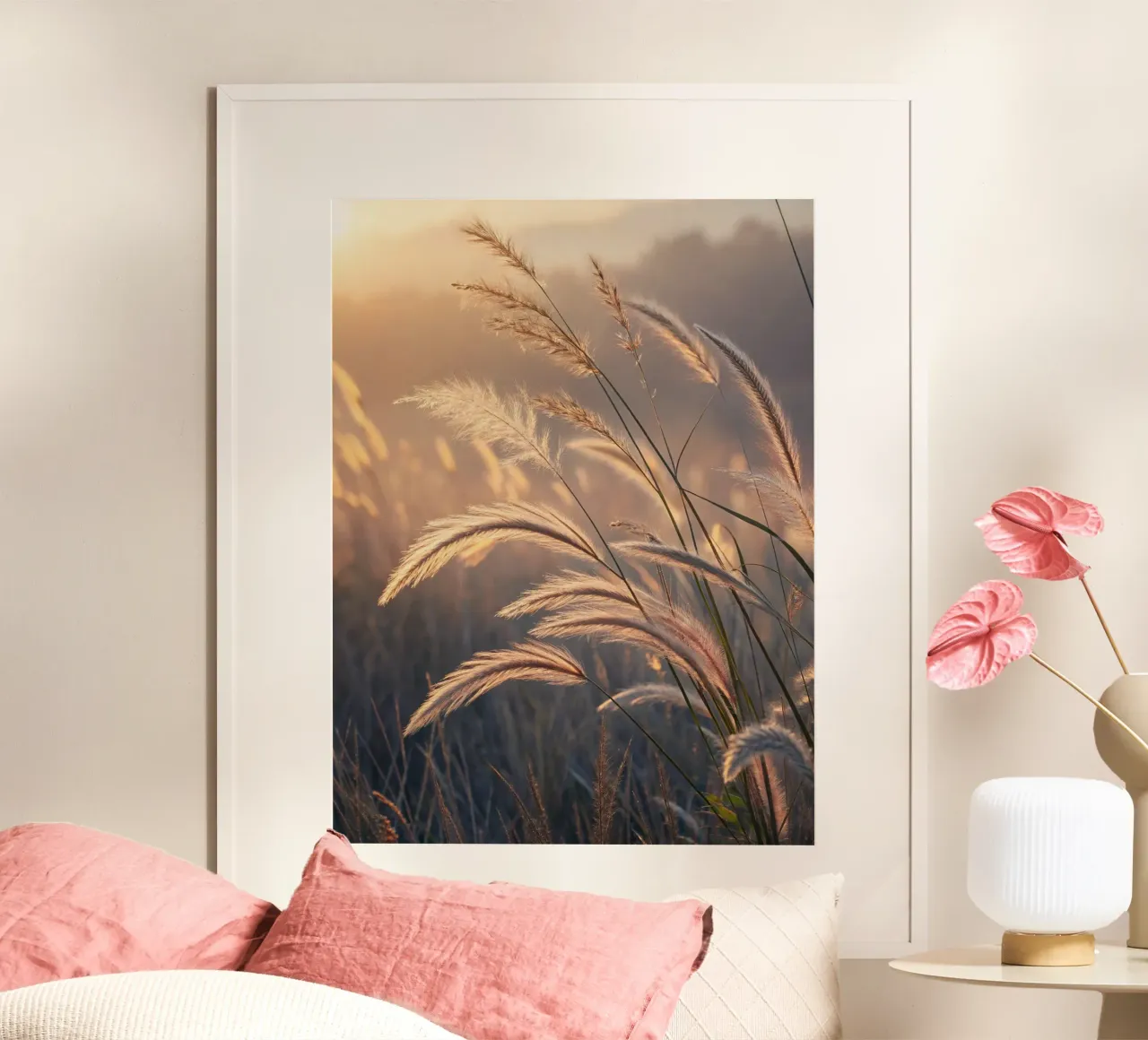 Golden Hour Grass Fields: A Serene Nature Landscape with Sof poster by Artistic-shop