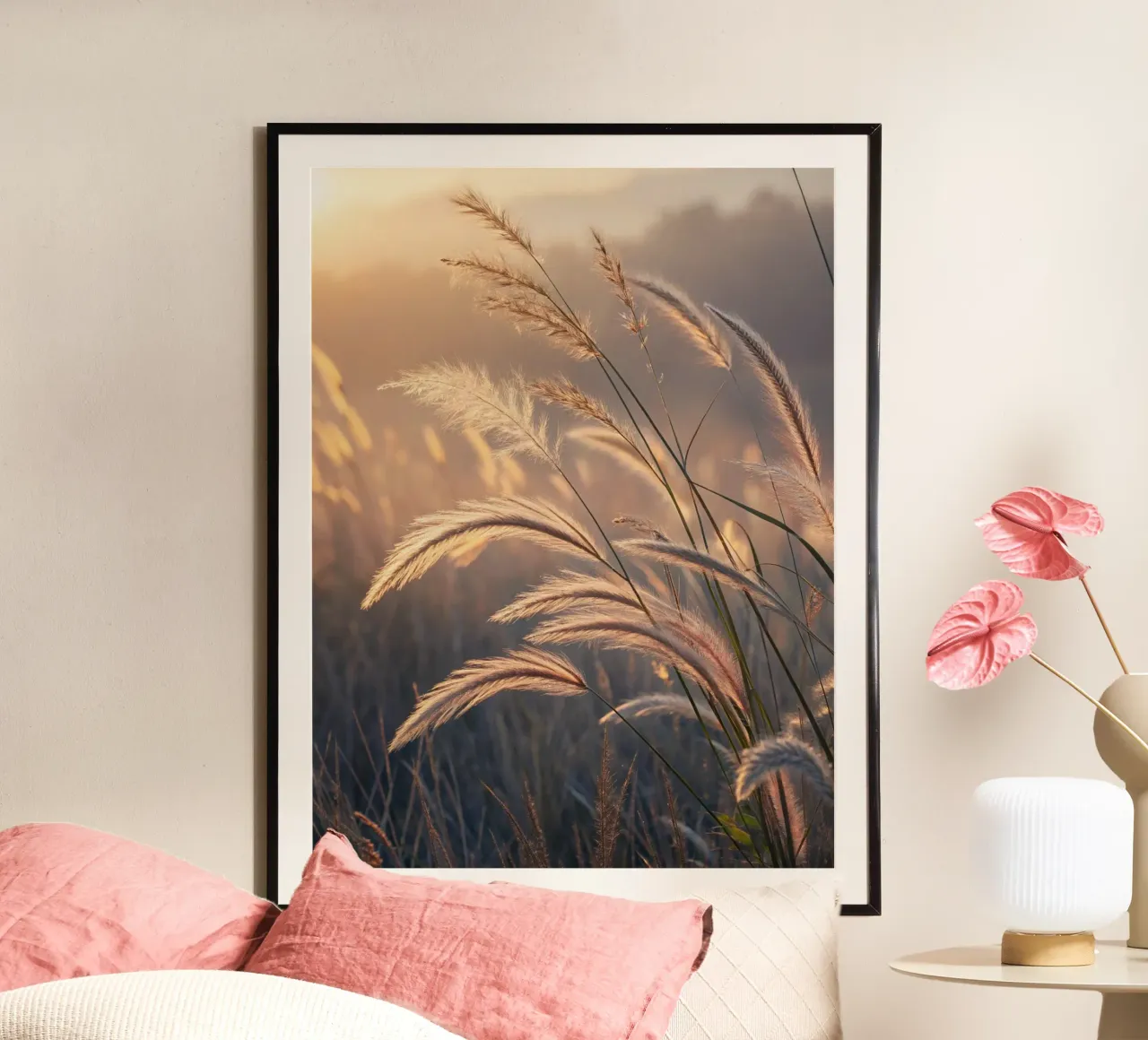 Golden Hour Grass Fields: A Serene Nature Landscape with Sof poster by Artistic-shop