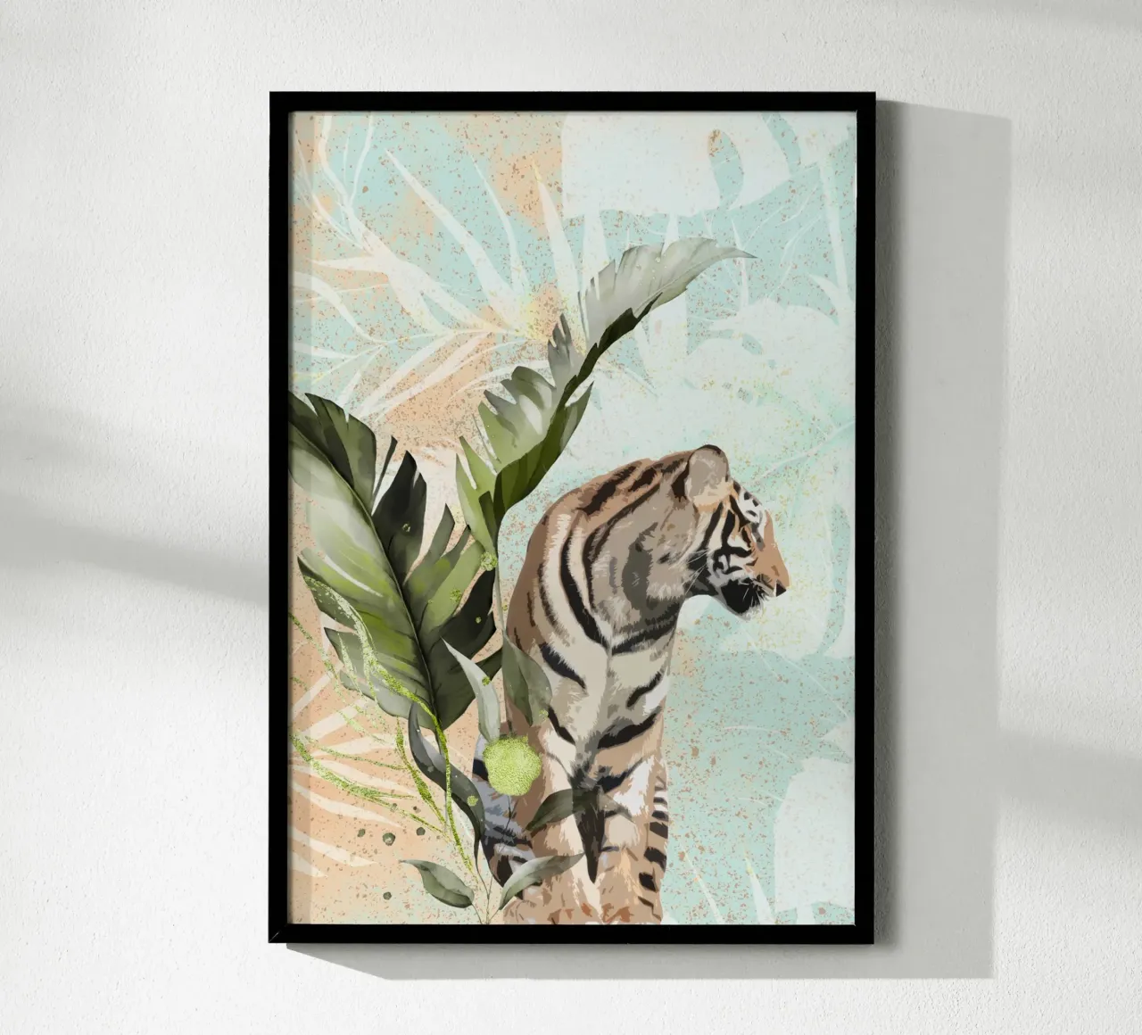 Tiger with Leaf poster con telaio in legno da lazydaypaper