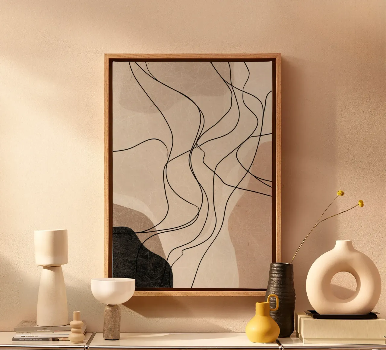 Abstract Minimalist Lines with Soft Neutral Shapes canvas with Floater frame by Artbyvo
