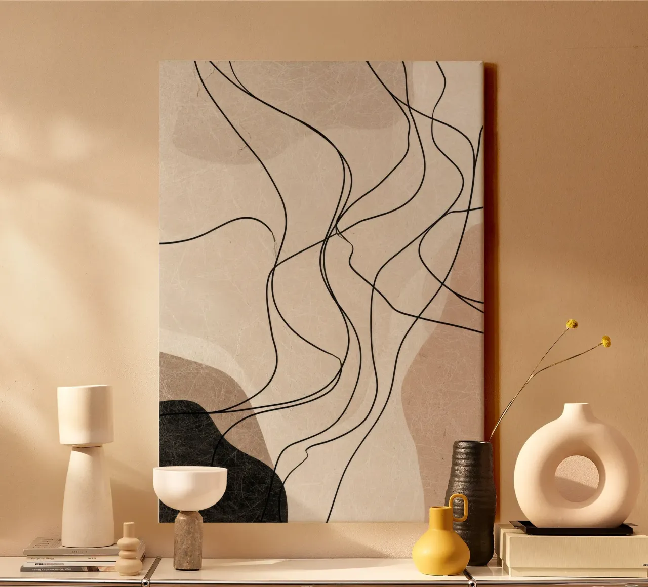 Abstract Minimalist Lines with Soft Neutral Shapes canvas with Floater frame by Artbyvo