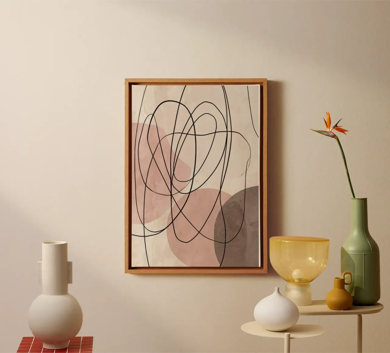 Minimalistische abstracte lijnen met zachtroze vormen canvas met Baklijst van Artbyvo