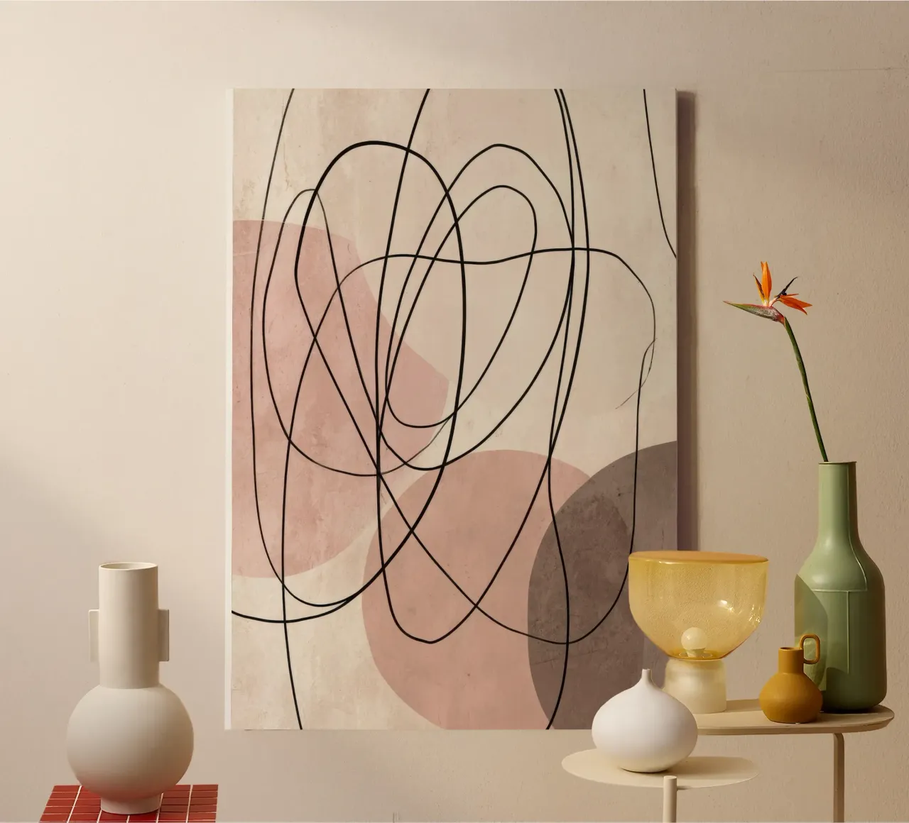 Minimalistische abstracte lijnen met zachtroze vormen canvas met Baklijst van Artbyvo