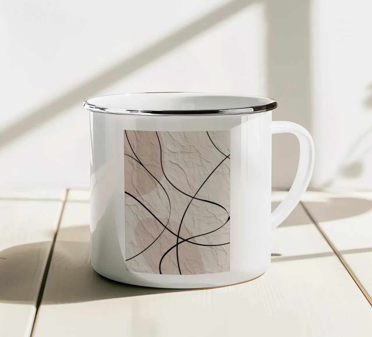 Minimalist Abstract Lines with Textured Beige Background enamel mug by Artbyvo