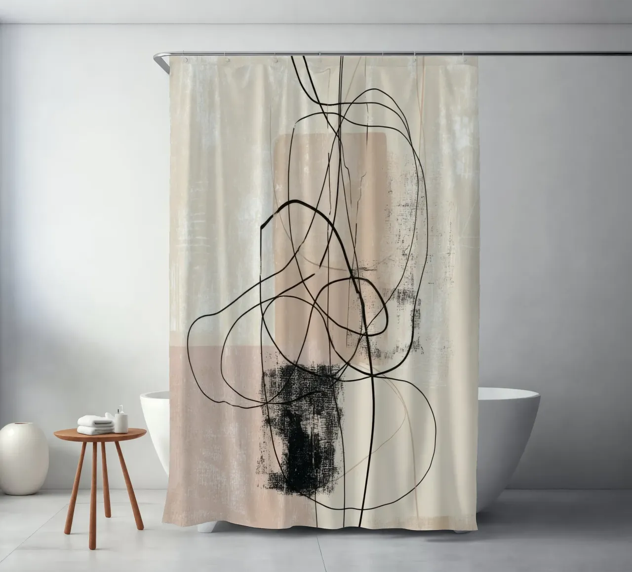 Abstract Minimalist Lines with Textured Neutral Blocks shower curtain by Artbyvo