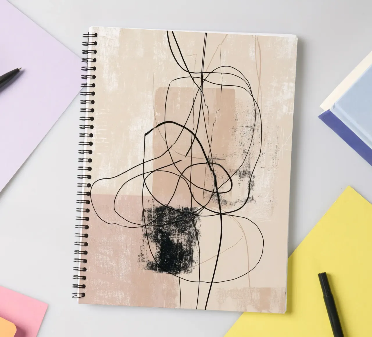 Abstract Minimalist Lines with Textured Neutral Blocks spiral notebook by Artbyvo