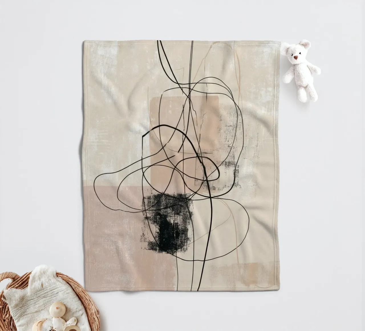Abstract Minimalist Lines with Textured Neutral Blocks fleece blanket by Artbyvo