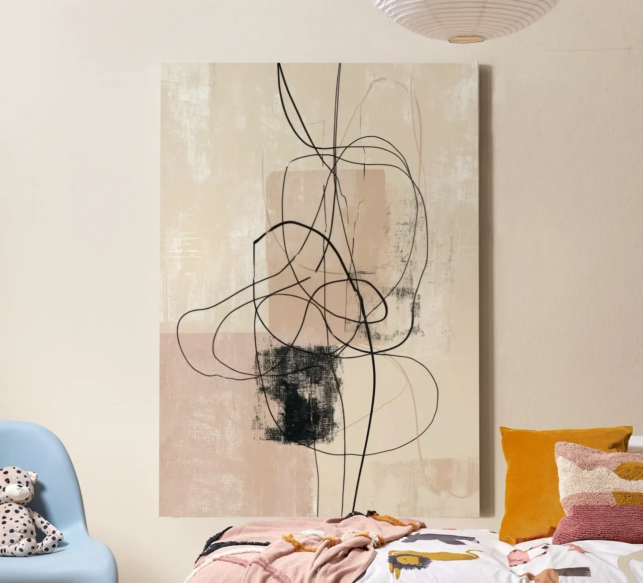 Abstracte minimalistische lijnen met gestructureerde neutrale blokken canvas met Baklijst van Artbyvo