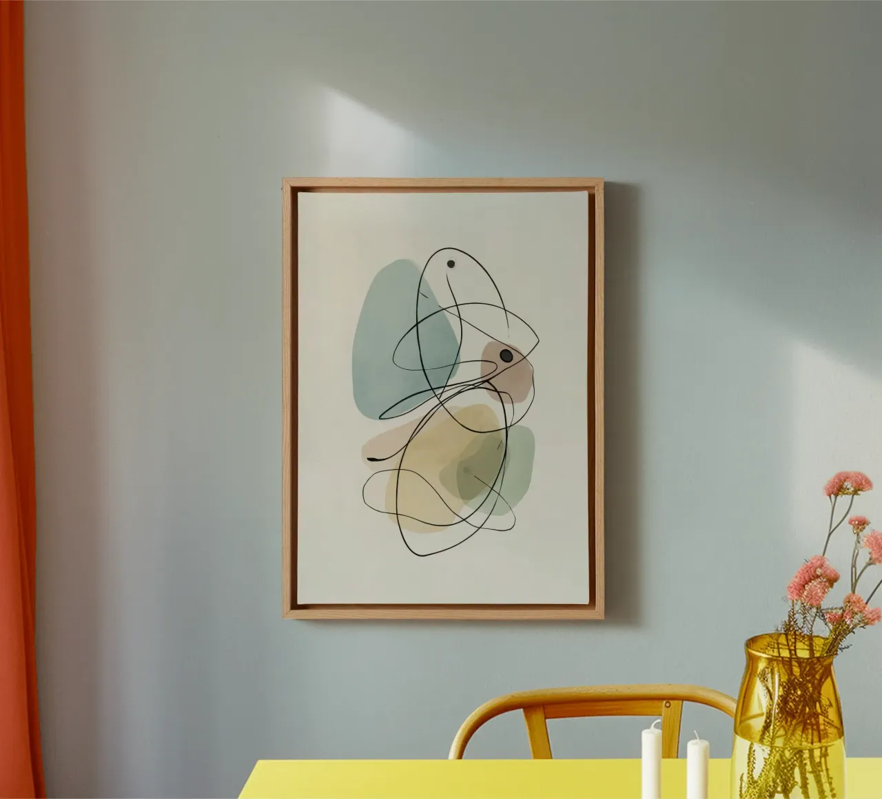 Abstracte minimalistische lijnen met zachte kleurvormen canvas met Baklijst van Artbyvo
