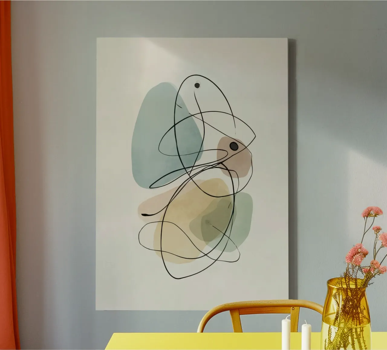 Abstracte minimalistische lijnen met zachte kleurvormen canvas met Baklijst van Artbyvo