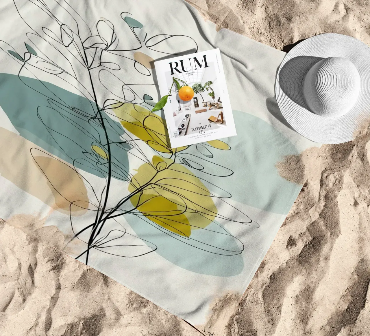 Minimalist Botanical Line Art with Soft Color Shapes beach towel by Artbyvo